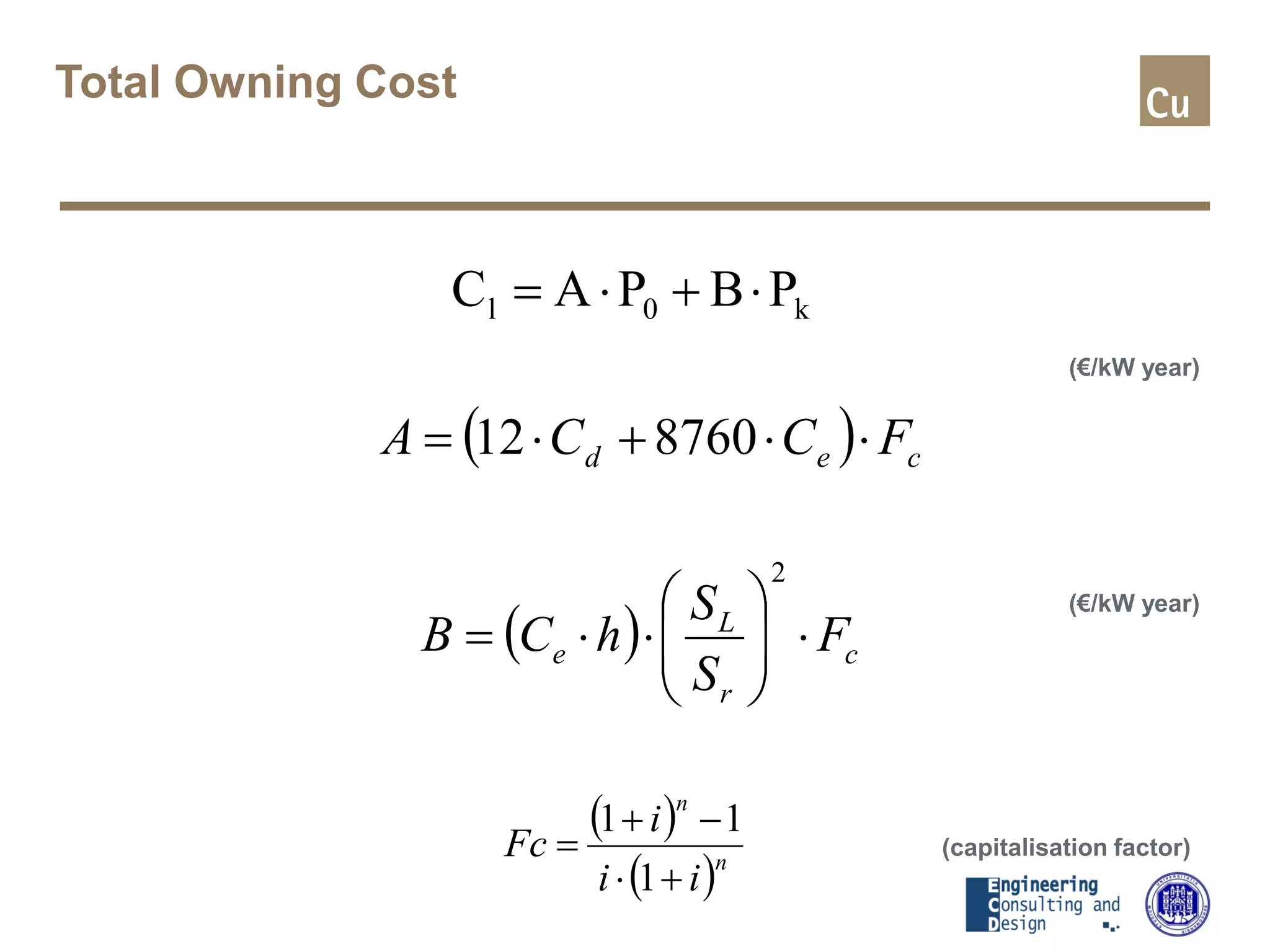 Total Owning Cost
(€/kW year)
(€/kW year)
(capitalisation factor)
k0l PBPAC ⋅+⋅=
( ) c
r
L
e F
S
S
hCB ⋅





⋅⋅=
2
( )
( )n
n
ii
i
Fc
+⋅
−+
=
1
11
( ) ced FCCA ⋅⋅+⋅= 876012
 