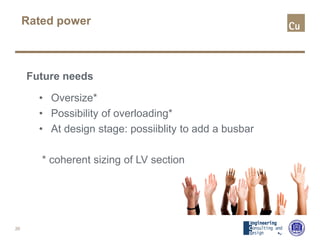 Rated power
Future needs
• Oversize*
• Possibility of overloading*
• At design stage: possiiblity to add a busbar
* coherent sizing of LV section
20
 