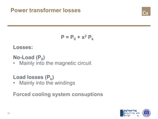 Power transformer losses
P = P0 + x2 Pk
Losses:
No-Load (P0)
• Mainly into the magnetic circuit
Load losses (Pk)
• Mainly into the windings
Forced cooling system consuptions
37
 