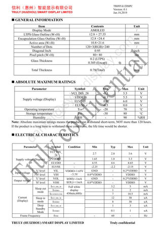 信利（惠州）智能显示有限公司
TRULY (HUIZHOU) SMART DISPLAY LIMITED
Version: 0.1
Jan.18,2019
TRULY (HUIZHOU) SMART DISPLAY LIMITED Truly confidential
 GENERAL INFORMATION
Item Contents Unit
Display Mode AMOLED /
LTPS Glass Outline (WH) 12.8 × 27.35 mm
Encapsulation Glass Outline (WH) 12.8 ×24.4 mm
Active area (WH) 10.8×21.6 mm
Number of Dots 120×3(RGB)×240 /
Diagonal Inch 0.95 inch
Pixel pitch (WH) 80× 80 um
Glass Thickness
0.2 (LTPS)
0.305 (Encap)
mm
Total Thickness 0.78(Total) mm
 ABSOLUTE MAXIMUM RATINGS
Parameter Symbol Min Max Unit
Supply voltage (Display)
VCI_DIS_28 -0.3 5.5 V
VDDIO -0.3 5.5 V
ELVDD 0.0 6.0 V
ELVSS -6.5 0.0 V
Operating temperature TOP -20 70 C
Storage temperature TST -30 80 C
Humidity RH - 90 %RH
Note: Absolute maximum ratings means the product can withstand short-term, NOT more than 120 hours.
If the product is a long time to withstand these conditions, the life time would be shorter.
 ELECTRICAL CHARACTERISTICS
Parameter Symbol Condition Min Typ Max Unit
Supply voltage (Display)
VCI_DIS_
28
2.7 2.8 3.6 V
VDDIO 1.65 1.8 3.3 V
ELVDD - 4.55 4.6 4.65 V
ELVSS - -2.25 -2.2 -2.15 V
Input voltage
'L' level VIL VDDIO=1.65V
~3.3V
GND - 0.2*VDDIO V
'H' level VIH 0.8*VDDIO - VDDIO V
Output voltage
'L' level VOL I(OH)=-1mA
I(OL)=+1mA
GND - 0.2*VDDIO V
'H' level VOH 0.8*VDDIO - VDDIO V
Current
(Display)
Sleep out
mode
IVCI_DIS_28 Full white
display
450nits,60Hz
3.2 5 mA
IVDDIO 1 2 mA
IELVDD/ELVSS 7 10.5 mA
Sleep in
mode
IVCI_DIS_28 12 30 uA
IVDDIO 8 30 uA
Deep
Standby
Mode
IVCI_DIS_28 1 3 uA
IVDDIO 0.1 1 uA
Frame Frequency fFRM - 60 - Hz
TR095A120SPC
d
a
n
i
e
l
@
s
y
l
u
x
d
i
s
p
l
a
y
.
c
o
m
 