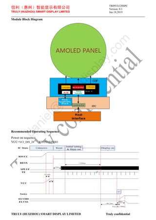信利（惠州）智能显示有限公司
TRULY (HUIZHOU) SMART DISPLAY LIMITED
Version: 0.1
Jan.18,2019
TRULY (HUIZHOU) SMART DISPLAY LIMITED Truly confidential
Module Block Diagram
Recommended Operating Sequence
Power on sequence
VCC=VCI_DIS_28 IOVCC=VDDIO
TR095A120SPC
d
a
n
i
e
l
@
s
y
l
u
x
d
i
s
p
l
a
y
.
c
o
m
 