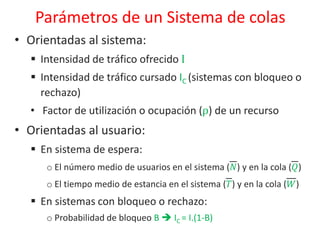 Parámetros de un Sistema de colas
• Orientadas al sistema:
 Intensidad de tráfico ofrecido I
 Intensidad de tráfico cursado IC (sistemas con bloqueo o
rechazo)
• Factor de utilización o ocupación (ρ) de un recurso
• Orientadas al usuario:
 En sistema de espera:
o El número medio de usuarios en el sistema (𝑁) y en la cola (𝑄)
o El tiempo medio de estancia en el sistema (𝑇) y en la cola (𝑊)
 En sistemas con bloqueo o rechazo:
o Probabilidad de bloqueo B  IC = I.(1-B)
 