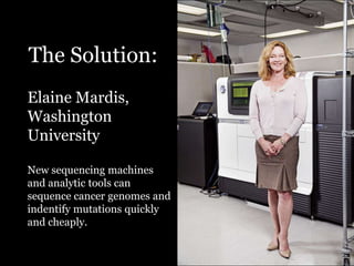 The Solution:Elaine Mardis,WashingtonUniversityNew sequencing machines and analytic tools can sequence cancer genomes andindentify mutations quickly and cheaply.