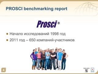 PROSCI benchmarking report

Начало исследований 1998 год

2011 год – 650 компаний-участников

4

 