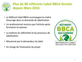 Plus de 80 référents Label BBCA formés
depuis Mars 2016
• Le Référent label BBCA accompagne le maître
d’ouvrage dans sa demande de labellisation
• Un professionnel reconnu par Certivéa après
formation et examen
• La maîtrise du référentiel et du processus de
labellisation
• Missionné par le demandeur du label
• En charge de l’évaluation du projet
18
 