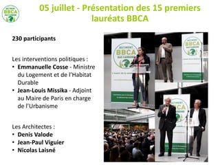 05 juillet - Présentation des 15 premiers
lauréats BBCA
230 participants
Les interventions politiques :
• Emmanuelle Cosse - Ministre
du Logement et de l’Habitat
Durable
• Jean-Louis Missika - Adjoint
au Maire de Paris en charge
de l’Urbanisme
Les Architectes :
• Denis Valode
• Jean-Paul Viguier
• Nicolas Laisné
 