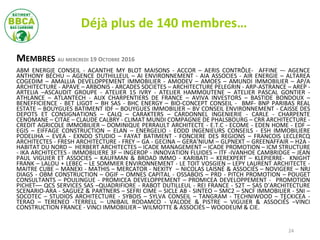 MEMBRES AU MERCREDI 19 OCTOBRE 2016
ABM ENERGIE CONSEIL - ACANTHE MY BLOT MAISONS - ACCOR – AERIS CONTRÔLE- AFFINE –- AGENCE
ANTHONY BÉCHU – AGENCE DUTHILLEUL – AI ENVIRONNEMENT - AIA ASSOCIES - AIR ENERGIE – ALTAREA
COGEDIM – AMALLIA DEVELOPPEMENT IMMOBILIER - AMODEV – AMOES – AMUNDI IMMOBILIER – AP/A
ARCHITECTURE - APAVE – ARBONIS - ARCADES SOCIETES – ARCHITECTURE PELEGRIN - ARP-ASTRANCE – AREP -
ARTELIA –ASCAUDIT GROUPE - ATELIER 15 IVRY - ATELIER HAMMOUTENE – ATELIER PASCAL GONTIER -
ATHLANCE – ATLANTECH - AUX CHARPENTIERS DE FRANCE – AVIVA INVESTORS – BASTIDE BONDOUX –
BENEFFICIENCE - BET LIGOT – BH SAS - BHC ENERGY – BIO-CONCEPT CONSEIL - BMF- BNP PARIBAS REAL
ESTATE – BOUYGUES BATIMENT IDF – BOUYGUES IMMOBILIER – BV CONSEIL ENVIRONNEMENT - CAISSE DES
DEPOTS ET CONSIGNATIONS – CALQ – CARAKTERS – CARDONNEL INGENIERIE - CARLE - CHARPENTE
CENOMANE – CITAE – CLAUDE CALBRY - CLIMAT MUNDI COMPAGNIE DE PHALSBOURG – CRR ARCHITECTURE -
CREDIT AGRICOLE IMMOBILIER – DOMINIQUE PERRAULT ARCHITECTE - E.T.C - ECOME - EDEN HOME - EDF –
EGIS – EIFFAGE CONSTRUCTION – ELAN – ENERGELIO - EODD INGENIEURS CONSEILS - ESH IMMOBILIERE
PODELIHA – EVEA - EXNDO STUDIO – FAYAT BATIMENT - FONCIERE DES REGIONS – FRANCOIS LECLERCQ
ARCHITECTES - FRESH ARCHITECTURE - FREY – GA - GECINA – GERA’NIUM – GLPNEXT – GREENAFFAIR – H2A -
HABITAT DU NORD – HERBERT ARCHITECTES – ICADE MANAGEMENT – ICADE PROMOTION – ICM STRUCTURE
- IKA ARCHITECTES - IMMOBILIERE 3F – INGEROP - INNOVATION FLUIDES – ITF -IVANHOE CAMBRIDGE – JEAN
PAUL VIGUIER ET ASSOCIES – KAUFMAN & BROAD IMMO - KARIBATI – KEREXPERT – KLEPIERRE- KNIGHT
FRANK – LALOU + LEBEC – LE SOMMIER ENVIRONNEMENT - LE TOIT VOSGIEN – LEPY LAURENT ARCHITECTE -
MAITRE CUBE – MANEXI - MATHIS – MERCATOR - NEXITY – NICOLAS LAISNÉ & ASSOCIÉS – NOVIGERE – NRJ
DIAGS - OBM CONSTRUCTION – OGIF – OMNES CAPITAL - OSSABOIS – PRD - PITCH PROMOTION – POUGET
CONSULTANTS – POULINGUE - PROMICEA DEVELOPPEMENT – PROMICEA DEVELOPPEMENT - PROMOTION
PICHET–– QCS SERVICES SAS –QUADRIFIORE - RABOT DUTILLEUL - REI FRANCE - S2T – SAS D’ARCHITECTURE
SCENARIO-ARA - SAGUEZ & PARTNERS – SEFRI CIME – SICLE AB - SINTEO – SMC2 – SNCF IMMOBILIER - SNI –
SOCOTEC – STUDIOS ARCHITECTURE - SYBOIS – SYLVA CONSEIL – TANGRAM - TECHNIWOOD – TECKICEA -
TERAO – TERENEO -TERRELL – UNIBAIL RODAMCO - VALODE & PISTRE – VIGUIER & ASSOCIÉS –VINCI
CONSTRUCTION FRANCE - VINCI IMMOBILIER – WILMOTTE & ASSOCIÉS – WOODEUM & CIE.
24
Déjà plus de 140 membres…
 
