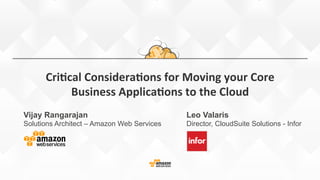 Cri$cal	
  Considera$ons	
  for	
  Moving	
  your	
  Core	
  
Business	
  Applica$ons	
  to	
  the	
  Cloud	
  
Vijay Rangarajan
Solutions Architect – Amazon Web Services
Leo Valaris
Director, CloudSuite Solutions - Infor
 