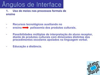 Ângulos de Interface
 1.   Uso de meios nos processos formais de
 ensino


 -   Recursos tecnológicos auxiliando no
 -   ensino      polissemia dos produtos culturais.

 -   Possibilidades múltiplas de interpretação do aluno receptor,
     diante de produtos culturais com dimensões distintas dos
     procedimentos escolares apoiados na linguagem verbal.

 -   Educação a distância.
 