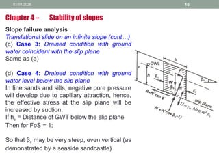 01/01/2026 16
Slope failure analysis
Translational slide on an infinite slope (cont…)
(c) Case 3: Drained condition with ground
water coincident with the slip plane
Same as (a)
(d) Case 4: Drained condition with ground
water level below the slip plane
In fine sands and silts, negative pore pressure
will develop due to capillary attraction, hence,
the effective stress at the slip plane will be
increased by suction.
If hs = Distance of GWT below the slip plane
Then for FoS = 1;
So that βc may be very steep, even vertical (as
demonstrated by a seaside sandcastle)
Chapter 4 – Stability of slopes
 