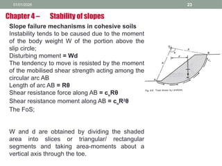 01/01/2026 23
Slope failure mechanisms in cohesive soils
Instability tends to be caused due to the moment
of the body weight W of the portion above the
slip circle;
Disturbing moment = Wd
The tendency to move is resisted by the moment
of the mobilised shear strength acting among the
circular arc AB
Length of arc AB = Rθ
Shear resistance force along AB = cuRθ
Shear resistance moment along AB = cuR2
θ
The FoS;
W and d are obtained by dividing the shaded
area into slices or triangular/ rectangular
segments and taking area-moments about a
vertical axis through the toe.
Chapter 4 – Stability of slopes
 