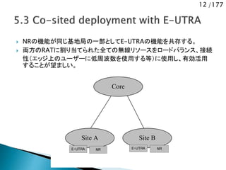 12 /177
 NRの機能が同じ基地局の一部としてE-UTRAの機能を共存する。
 両方のRATに割り当てられた全ての無線リソースをロードバランス、接続
性（エッジ上のユーザーに低周波数を使用する等）に使用し、有効活用
することが望ましい。
Core
Site A Site B
E-UTRA NR NRE-UTRA
 