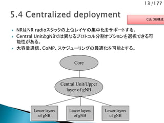 13 /177
 NRはNR radioスタックの上位レイヤの集中化をサポートする。
 Central UnitとgNBでは異なるプロトコル分割オプションを選択できる可
能性がある。
 大容量通信、CoMP、スケジューリングの最適化を可能とする。
Core
Central Unit/Upper
layer of gNB
Lower layers
of gNB
Lower layers
of gNB
Lower layers
of gNB
CU/DU構成
 