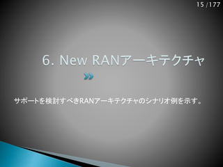 15 /177
サポートを検討すべきRANアーキテクチャのシナリオ例を示す。
 