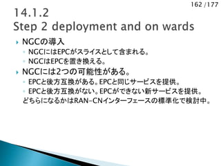 162 /177
 NGCの導入
◦ NGCにはEPCがスライスとして含まれる。
◦ NGCはEPCを置き換える。
 NGCには2つの可能性がある。
◦ EPCと後方互換がある。EPCと同じサービスを提供。
◦ EPCと後方互換がない。EPCができない新サービスを提供。
どちらになるかはRAN-CNインターフェースの標準化で検討中。
 
