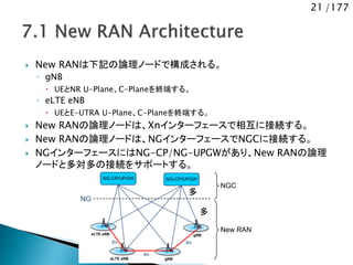 21 /177
 New RANは下記の論理ノードで構成される。
◦ gNB
 UEとNR U-Plane、C-Planeを終端する。
◦ eLTE eNB
 UEとE-UTRA U-Plane、C-Planeを終端する。
 New RANの論理ノードは、Xnインターフェースで相互に接続する。
 New RANの論理ノードは、NGインターフェースでNGCに接続する。
 NGインターフェースにはNG-CP/NG-UPGWがあり、New RANの論理
ノードと多対多の接続をサポートする。
NG-CP/UPGW NG-CP/UPGW
NG
Xn
NGC
New RAN
gNB
eLTE eNB gNB
eLTE eNB
XnXn
多
多
 