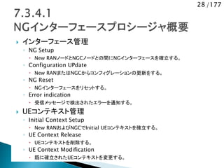28 /177
 インターフェース管理
◦ NG Setup
 New RANノードとNGCノードとの間にNGインターフェースを確立する。
◦ Configuration UPdate
 New RANまたはNGCからコンフィグレーションの更新をする。
◦ NG Reset
 NGインターフェースをリセットする。
◦ Error indication
 受信メッセージで検出されたエラーを通知する。
 UEコンテキスト管理
◦ Initial Context Setup
 New RANおよびNGCでInitial UEコンテキストを確立する。
◦ UE Context Release
 UEコンテキストを削除する。
◦ UE Context Modification
 既に確立されたUEコンテキストを変更する。
 
