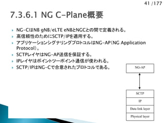 41 /177
 NG-CはNB gNB/eLTE eNBとNGCとの間で定義される。
 高信頼性のためにSCTP/IPを適用する。
 アプリケーションシグナリングプロトコルはNG-AP（NG Application
Protocol）。
 SCTPレイヤはNG-AP送信を保証する。
 IPレイヤはポイントツーポイント通信が使われる。
 SCTP/IPはNG-Cで合意されたプロトコルである。
SCTP
IP
Data link layer
NG-AP
Physical layer
 