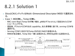 59 /177
UE
gNB
RRC conn Request (PLMN, no or
invalid Temp ID) Default CCNF
NAS DL message (Temp ID, MDD*))
RRC Conn Response () serving CCNFNG DL message (MDD*))
NAS UL message ()
CN
selection
default/load
balancing
NG UL message (PLMN)
 SliceとCNエンティティはMulti-Dimensional Descriptor（MDD）で選択され
る。
 Case 1：MDD無し、Temp ID無し
◦ RRC conn ReqにTemp IDが無い場合、gNBはデフォルトとして設定されたCCNF
にルーティングする。
◦ 認証後、デフォルトCCNFはUE capability、加入者情報に基づき、serving CCNFを
選択する。
◦ Serving CCNFに対応するTemp IDがUEにNASで送信される。
◦ MMDがある場合、Temp IDと一緒に送信される。MMDはgNBにも送信される。
 