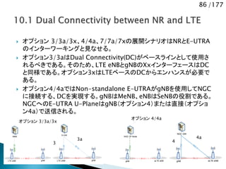 86 /177
 オプション 3/3a/3x、4/4a、7/7a/7xの展開シナリオはNRとE-UTRA
のインターワーキングと見なせる。
 オプション3/3aはDual Connectivity(DC)がベースラインとして使用さ
れるべきである。そのため、LTE eNBとgNBのXxインターフェースはDC
と同様である。オプション3xはLTEベースのDCからエンハンスが必要で
ある。
 オプション4/4aではNon-standalone E-UTRAがgNBを使用してNGC
に接続する、DCを実現する。gNBはMeNB、eNBはSeNBの役割である。
NGCへのE-UTRA U-PlaneはgNB（オプション4）または直接（オプショ
ン4a）で送信される。
LTE eNB
MME
gNB
S1-MME
Xx-C
LTE eNB
S-GW
gNB
S1-U
Xx-U
S1-U
gNB
NGC CP Node
eLTE eNB gNB
NGC GW
eLTE eNB
オプション 3/3a/3x
オプション 4/4a
3a
3
4a
4
 