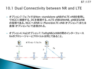 87 /177
 オプション7/7a/7xではNon-standalone gNBがeLTE eNBを使用し
てNGCに接続する、DCを実現する。eLTE eNBはMeNB、gNBはSeNB
の役割である。NGCへのNR U-PlaneはeLTE eNB（オプション7）または
直接（オプション7a）で送信される。
 オプション4/4aとオプション7/7aのgNBとeNBの間のインターフェース
Xnのプロシージャーとプロトコルは同じであること。
eLTE eNB
NGC CP Node
gNB eLTE eNB
NGC GW
gNB
オプション 7/7a/7x
7a
7
 