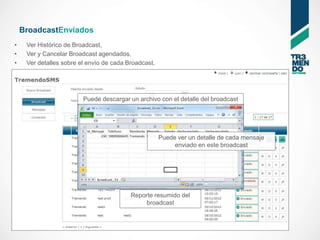 BroadcastEnviados
•    Ver Histórico de Broadcast,
•    Ver y Cancelar Broadcast agendados,
•    Ver detalles sobre el envío de cada Broadcast.




                         Puede descargar un archivo con el detalle del broadcast




                                                      Puede ver un detalle de cada mensaje
                                                           enviado en este broadcast




                                          Reporte resumido del
                                               broadcast
 