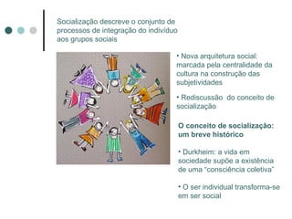 Socialização descreve o conjunto de processos de integração do indivíduo aos grupos sociais Nova arquitetura social: marcada pela centralidade da cultura na construção das subjetividades Rediscussão  do conceito de socialização O conceito de socialização: um breve histórico Durkheim: a vida em sociedade supõe a existência de uma “consciência coletiva” O ser individual transforma-se em ser social 