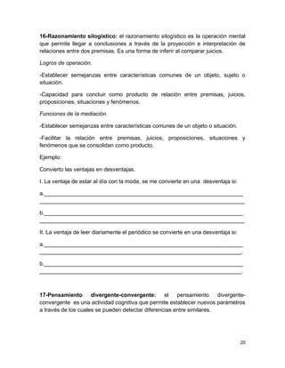 20 
16-Razonamiento silogístico: el razonamiento silogístico es la operación mental que permite llegar a conclusiones a través de la proyección e interpretación de relaciones entre dos premisas. Es una forma de inferir al comparar juicios. 
Logros de operación. 
-Establecer semejanzas entre características comunes de un objeto, sujeto o situación. 
-Capacidad para concluir como producto de relación entre premisas, juicios, proposiciones, situaciones y fenómenos. 
Funciones de la mediación. 
-Establecer semejanzas entre características comunes de un objeto o situación. 
-Facilitar la relación entre premisas, juicios, proposiciones, situaciones y fenómenos que se consolidan como producto. 
Ejemplo: 
Convierto las ventajas en desventajas. 
I. La ventaja de estar al día con la moda, se me convierte en una desventaja si: 
a.________________________________________________________________ __________________________________________________________________ 
b.________________________________________________________________ __________________________________________________________________ 
II. La ventaja de leer diariamente el periódico se convierte en una desventaja si: 
a.________________________________________________________________ _________________________________________________________________. 
b.________________________________________________________________ _________________________________________________________________. 
17-Pensamiento divergente-convergente: el pensamiento divergente- convergente es una actividad cognitiva que permite establecer nuevos parámetros a través de los cuales se pueden detectar diferencias entre similares. 
 