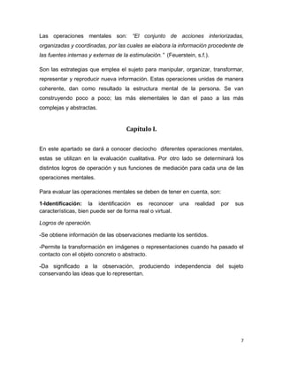 7 
Las operaciones mentales son: “El conjunto de acciones interiorizadas, organizadas y coordinadas, por las cuales se elabora la información procedente de las fuentes internas y externas de la estimulación.” (Feuerstein, s.f.). 
Son las estrategias que emplea el sujeto para manipular, organizar, transformar, representar y reproducir nueva información. Estas operaciones unidas de manera coherente, dan como resultado la estructura mental de la persona. Se van construyendo poco a poco; las más elementales le dan el paso a las más complejas y abstractas. 
Capítulo I. 
En este apartado se dará a conocer dieciocho diferentes operaciones mentales, estas se utilizan en la evaluación cualitativa. Por otro lado se determinará los distintos logros de operación y sus funciones de mediación para cada una de las operaciones mentales. 
Para evaluar las operaciones mentales se deben de tener en cuenta, son: 
1-Identificación: la identificación es reconocer una realidad por sus características, bien puede ser de forma real o virtual. 
Logros de operación. 
-Se obtiene información de las observaciones mediante los sentidos. 
-Permite la transformación en imágenes o representaciones cuando ha pasado el contacto con el objeto concreto o abstracto. 
-Da significado a la observación, produciendo independencia del sujeto conservando las ideas que lo representan. 
 