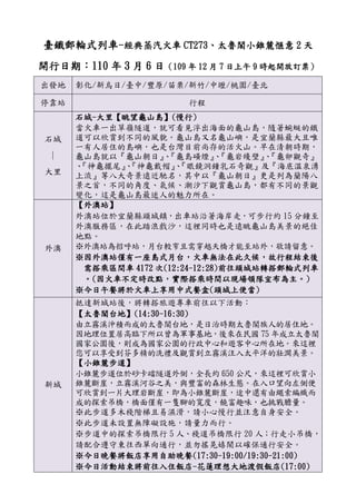 臺鐵郵輪式列車-經典蒸汽火車 CT273、太魯閣小錐麓愜意 2 天
開行日期：110 年 3 月 6 日（109 年 12 月 7 日上午 9 時起開放訂票）
出發地 彰化/新烏日/臺中/豐原/苗栗/新竹/中壢/桃園/臺北
停靠站 行程
石城
∣
大里
石城-大里【眺望龜山島】(慢行)
當火車一出草嶺隧道，就可看見浮出海面的龜山島，隨著蜿蜒的鐵
道可以欣賞到不同的風貌。龜山島又名龜山嶼，是宜蘭縣最大且唯
一有人居住的島嶼，也是台灣目前尚存的活火山。早在清朝時期，
龜山島就以『龜山朝日』、『龜島磺煙』、『龜岩纔壁』、『龜卵觀奇』
、『神龜擺尾』、『神龜戴帽』、『眼鏡洞鐘乳石奇觀』及『海底溫泉湧
上流』等八大奇景遠近馳名，其中以『龜山朝日』更是列為蘭陽八
景之首，不同的角度、氣候、潮汐下觀賞龜山島，都有不同的景觀
變化，這是龜山島最迷人的魅力所在。
外澳
【外澳站】
外澳站位於宜蘭縣頭城鎮，出車站沿著海岸走，可步行約 15 分鐘至
外澳服務區，在此踏浪戲沙，這裡同時也是遠眺龜山島美景的絕佳
地點。
※外澳站為招呼站，月台較窄且需穿越天橋才能至站外，敬請留意。
※因外澳站僅有一座島式月台，火車無法在此久候，故行程結束後
需搭乘區間車 4172 次(12:24-12:28)前往頭城站轉搭郵輪式列車
。(因火車不定時改點，實際搭乘時間以現場領隊宣布為主。)
※今日午餐將於火車上享用中式餐盒(頭城上便當)
新城
抵達新城站後，將轉搭旅遊專車前往以下活動：
【太魯閣台地】(14:30-16:30)
由立霧溪沖積而成的太魯閣台地，是日治時期太魯閣族人的居住地。
因地理位置居高臨下所以曾為軍事基地，後來在民國 75 年成立太魯閣
國家公園後，則成為國家公園的行政中心和遊客中心所在地。來這裡
您可以享受到芬多精的洗禮及觀賞到立霧溪注入太平洋的壯濶美景。
【小錐麓步道】
小錐麓步道位於砂卡礑隧道外側，全長約 650 公尺，來這裡可欣賞小
錐麓斷崖，立霧溪河谷之美，與豐富的森林生態。在入口望向左側便
可欣賞到一片大理岩斷崖，即為小錐麓斷崖，途中還有由繩索編織而
成的探索吊橋，橋面僅有一隻腳的寬度，饒富趣味，也挑戰膽量。
※此步道多木棧階梯且易濕滑，請小心慢行並注意自身安全。
※此步道未設置無障礙設施，請量力而行。
※步道中的探索吊橋限行 5 人、棧道吊橋限行 20 人；行走小吊橋，
請配合遵守東往西單向通行，並勿搖晃嬉鬧以確保通行安全。
※今日晚餐將飯店享用自助晚餐(17:30-19:00/19:30-21:00)
※今日活動結束將前往入住飯店-花蓮理想大地渡假飯店(17:00)
 