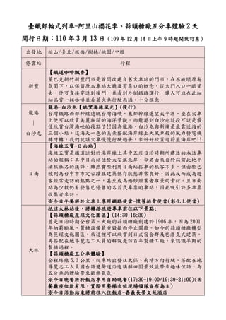 臺鐵郵輪式列車-阿里山櫻花季、蒜頭糖廠五分車體驗 2 天
開行日期：110 年 3 月 13 日（109 年 12 月 14 日上午 9 時起開放訂票）
出發地 松山/臺北/板橋/樹林/桃園/中壢
停靠站 行程
新豐
【鐵道咖啡飄香】
星巴克新竹新豐門市是首間改建自舊火車站的門市，在不破壞原有
氛圍下，以保留原本車站大廳及剪票口的概念，從大門入口一眼望
去，便可直接穿透到後門，並看到外側鐵路運行，讓人可以在此細
細品嘗一杯咖啡並看著火車行駛而過，十分愜意。
龍港
∣
白沙屯
龍港-白沙屯【眺望海線風光】(慢行)
台灣鐵路西部幹線遠眺台灣海峽，東部幹線遙望太平洋，坐在火車
上便可以欣賞美麗壯闊的海洋景觀。而龍港到白沙屯這段可說是最
佳欣賞台灣海峽的段點了!!因為龍港、白沙屯與新埔是最靠近海的
三個小站，這海天一色的美景搭配海岸線上大風車般的風力發電機
轉呀轉，我們就讓火車慢慢行駛過去，來好好欣賞這蔚藍海岸吧!!
日南
【海線五寶-日南站】
海線五寶是鐵道迷對於海岸線上其中五座日治時期所建造的木造車
站的暱稱；其中日南站位於大安溪北岸，命名由來自於以前此地平
埔族社名的漢譯，雖然實際利用日南站搭車的旅客不多，但由於已
被列為台中市市定古蹟且建築保存狀態非常良好，因此反而成為遊
客經常走訪的熱點之一，甚至成為婚紗照業者取景的素材。且日南
站為少數仍有發售已停售的名片式車票的車站，因此吸引許多車票
收集者來訪。
※今日午餐將於火車上享用鐵路便當-懷舊排骨便當(彰化上便當)
大林
抵達大林站後，將轉搭旅遊專車前往以下景點:
【蒜頭糖廠蔗埕文化園區】(14:30-16:30)
曾是日治時期全台第三大廠的蒜頭糖廠創建於 1906 年，因為 2001
年納莉颱風，製糖設備嚴重毀損而停止關廠。如今的蒜頭糖廠轉型
為蔗埕文化園區，來這裡可以欣賞到日式宿舍群及巴洛克式建築，
再搭配在地導覽志工人員的解說走訪百年製糖工廠，來認識早期的
製糖過程。
【蒜頭糖廠五分車體驗】
全程路線 5.3 公里，從車站出發往太保、南靖方向行駛，搭配在地
導覽志工人員國台語雙聲道沿途講解田園景致並帶來趣味俚語，為
五分車的體驗帶來歡樂氣氛。
※今日晚餐將於飯店享用自助晚餐(17:30-19:00/19:30-21:00)(因
餐廳座位數有限，實際用餐梯次依現場領隊宣布為主)
※今日活動結束將前往入住飯店-嘉義長榮文苑酒店
 
