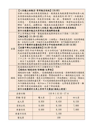 【入住瓏山林飯店-享用飯店設施】(16:00)
安排入住瓏山林冷熱泉渡假飯店，蘇澳溫泉為蘇澳豐沛的降雨滲入地
表深層經地熱加熱後循環上昇而成，溫泉溫度約 40-50°C，和蘇澳冷
泉同為碳酸氫納泉。因泉質含有鐵、鈉、鉀...等礦物質，水質色澤呈
淡黃色，，更因溫泉泉質精純、礦物質濃度較高，偶會形成白透似花
瓣的「溫泉花」晶體結晶，隨溫泉水波盪漾散步，如花瓣飛舞風中。
※今日活動結束將前往入住飯店-瓏山林蘇澳冷熱泉度假飯店
※今日晚餐於飯店內享用南方澳海鮮風味餐
宜蘭
早上享用飯店早餐，餐後搭乘旅遊專車前往以下景點：(10:30)
【梅花湖】(11:30-12:30)
位於台灣宜蘭縣冬山鄉的梅花湖，三面環山，景緻氣氛悠閒，設有環湖道
路，全長約 4 公里，不論步行或自理騎乘單車，皆可輕鬆享受於其中。
※今日午餐將於宜蘭地區享用古早味風味料理(13:00-14:00)
【宜蘭中興文化創意園區】14:30-15:30
創建於 1935 年的中興紙廠，從日治時代的「臺灣興業株式會社」到國
民政府接管後再轉為國營事業，當時不僅是台灣規模最大的造紙工廠
，生產量甚至是東南亞第一；2001 年紙廠停工結束經營後，園區關閉
了十三年，於 2014 年由宜蘭縣政府接手，透過工業遺構的保存與活化
，結合了文創應用，讓中興老廠房重生運用，轉身成為文創園區。
※活動結束後將返程前往宜蘭站並搭乘郵輪式列車返程
頭城
抵達頭城站後將步行約 5 分鐘前往以下景點：
【頭城站/頭城老街/彩繪牆/文學巷】
頭城老街又稱「頭圍街」，是頭城鎮最古老的街道，清朝時期因河運發展
興盛，當時是蘭陽平原上最重要、繁榮的經濟中心，雖然現在已沒落，但
留有許多古典建築，像是日治時期的吳宅、新長興樹記、源合成、陳春記
及融合各式風格的盧宅等，可以見證頭城老街的繁盛到衰落的歷史。
而今推動老街再造，現今加入了許多彩繪牆、文學巷裝置藝術等，擁
有 200 年歷史的頭城老街，也有了新的風貌。
※今日晚餐將於火車上享用中式餐盒(頭城上便當)
出發日期 110 年 1 月 16、17 日
票種/房型 雙人房 三人房 四人房
成人票 8,950 8,450 8,150
資深公民 8,600 8,100 7,800
孩童佔床 8,600 8,100 7,800
孩童不佔床 5,100
嬰兒票 199
 