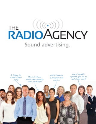 Sound advertising.
My cell phone
plays over 40,000
radio stations!
Local traffic
reports get me to
and from work
I listen to
ESPN Radio
24/7
With Pandora,
I program the
music!
 