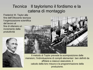 Tecnica Il   taylorismo il fordismo e la catena di montaggio Frederick W. Taylor alla fine dell’Ottocento teorizza l’organizzazione scientifica del lavoro al fine di ottenere un incremento della produttività Il metodo di Taylor prevede la scomposizione delle mansioni, l’individuazione di compiti elementari  ben definiti da affidare a ciascun esecutore, il calcolo della loro misura e la programmazione della produzione. 