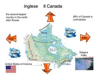 Inglese Il Canada 89% of Canada is uninhabited   the second-largest country in the world after Russia   Niagara Fallls East West North South Atlantic Ocean Pacific Ocean United States of America 