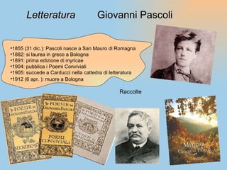 Raccolte  1855 (31 dic.): Pascoli nasce a San Mauro di Romagna 1882: si laurea in greco a Bologna 1891: prima edizione di myricae 1904: pubblica i Poemi Conviviali  1905: succede a Carducci nella cattedra di letteratura 1912 (6 apr. ): muore a Bologna   Letteratura  Giovanni Pascoli 