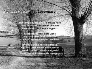 Nel campo mezzo grigio  e  mezzo nero resta un aratro  senza  buoi che pare dimenticato , tra il vapor leggero. E cadenzato  dalla gora viene lo sciabordare delle lavandare con tonfi spessi e lunghe cantilene: Il vento soffia e nevica la frasca, e tu non torni ancora al tuo paese! quando partisti, come son rimasta! come l’aratro in mezzo alla maggese Giovanni Pascoli   Lavandare 