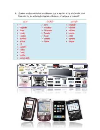 4. ¿Cuáles son los artefactos tecnológicos que te ayudan a ti y a tu familia en el
desarrollo de las actividades diarias en la casa, el trabajo y el colegio?
casa trabajo colegio
 Tv
 Computador
 Nevera
 Lavadora
 Licuadora
 Microondas
 Celulares
 DVD
 Aspiradora
 Teléfono
 Plancha
 Bombillos
 Equipo de sonido
 Carro
 Computador
 La impresora
 Memorias
 Celular
 Lámparas
 Teléfono
 computador
 video beam
 audífonos
 memorias
 celular
 impresora
 lámparas
 