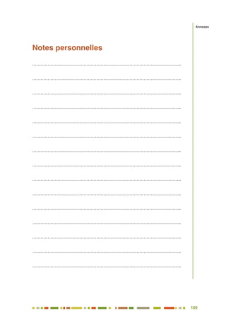 105
95
A.2. Exemples de marquage de produits (étiquetage)
Marquage de produits
en station. Photo Maud
Delacollette.
Exemple d’étiquette
logistique apposée sur
un produit du Kenya.
Photo Maud
Delacollette.
Nom du propriétaire de la marque
Haricot verts
SSC
3 3 12345 0100160219 9
GTIN
0 3 27019010376 9
DLC (Best Before Date)
20/03/11
L’étiquette logistique EAN
se compose normalement
de deux parties :
Partie haute,
Informations en clair
Partie inférieure,
Informations en codes à
barres EAN/UCC 128
Annexes
74
Notes personnelles
……………………………………………………………………………………………..
……………………………………………………………………………………………..
……………………………………………………………………………………………..
……………………………………………………………………………………………..
……………………………………………………………………………………………..
……………………………………………………………………………………………..
……………………………………………………………………………………………..
……………………………………………………………………………………………..
……………………………………………………………………………………………..
……………………………………………………………………………………………..
……………………………………………………………………………………………..
……………………………………………………………………………………………..
……………………………………………………………………………………………..
……………………………………………………………………………………………..
……………………………………………………………………………………………..
Chapitre 3
Les outils de la
traçabilité
 