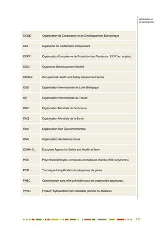111
100
OCDE Organisation de Coopération et de Développement Economique
OCI Organisme de Certification Indépendant
OEPP Organisation Européenne de Protection des Plantes (ou EPPO en anglais)
OGM Organisme Génétiquement Modifié
OHSAS Occupational Health and Safety Assessment Series
OILB Organisation Internationale de Lutte Biologique
OIT Organisation Internationale du Travail
OMC Organisation Mondiale du Commerce
OMS Organisation Mondiale de la Santé
ONG Organisation Non Gouvernementale
ONU Organisation des Nations Unies
OSHA-EU European Agency for Safety and Health at Work
PCB Polychlorobiphényles, composés aromatiques chlorés (209 congénères)
PCR Technique d’amplification de séquences de gènes
PNEC Concentration sans effet prévisible pour les organismes aquatiques.
PPNU Produit Phytosanitaire Non Utilisable (périmé ou obsolète)
Abréviations
et acronymes
 