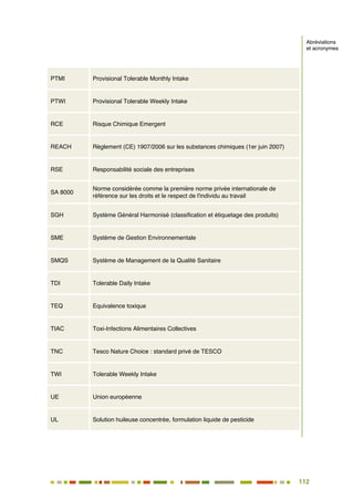 112
101
PTMI Provisional Tolerable Monthly Intake
PTWI Provisional Tolerable Weekly Intake
RCE Risque Chimique Emergent
REACH Règlement (CE) 1907/2006 sur les substances chimiques (1er juin 2007)
RSE Responsabilité sociale des entreprises
SA 8000
Norme considérée comme la première norme privée internationale de
référence sur les droits et le respect de l'individu au travail
SGH Système Général Harmonisé (classification et étiquetage des produits)
SME Système de Gestion Environnementale
SMQS Système de Management de la Qualité Sanitaire
TDI Tolerable Daily Intake
TEQ Equivalence toxique
TIAC Toxi-Infections Alimentaires Collectives
TNC Tesco Nature Choice : standard privé de TESCO
TWI Tolerable Weekly Intake
UE Union européenne
UL Solution huileuse concentrée, formulation liquide de pesticide
Abréviations
et acronymes
 