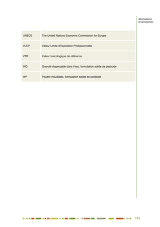 113
102
UNECE The United Nations Economic Commission for Europe
VLEP Valeur Limite d'Exposition Professionnelle
VTR Valeur toxicologique de référence
WG Granulé dispersable dans l’eau, formulation solide de pesticide
WP Poudre mouillable, formulation solide de pesticide
Abréviations
et acronymes
 