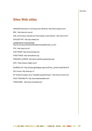 120
105
Sites Web utiles
AZAQUAR (Sciences et Techniques des Aliments): http://www.azaquar.com/
BRC : http://www.brc.org.uk/
CNIL (Commission nationale de l'informatique et des libertés) : http://www.cnil.fr/
COLEACP-PIP : http://pip.coleacp.eu/
COMMISSION EUROPEENNE :
http://ec.europa.eu/food/food/foodlaw/traceability/index_en.htm
CTA : http://www.cta.int/
FAIR TRADE: http://www.fairtrade.net/
FOOD TRACE: http://eufoodtrace.org/
FRESHFEL EUROPE: http://www.freshfel.org/asp/index.asp
GFSI : http://www.mygfsi.com/
GLOBALG.A.P: http://www.globalgap.org/cms/front_content.php?idcat=9
GS1-France: http://www.gs1.fr/
IET (Institut Européen de la Traçabilité agroalimentaire) : http://www.ie-trace.com/
POLE TRACABILITE: http://www.poletracabilite.com/
TRACEHABIL : http://www.tracehabil.com/
Sites Web
 