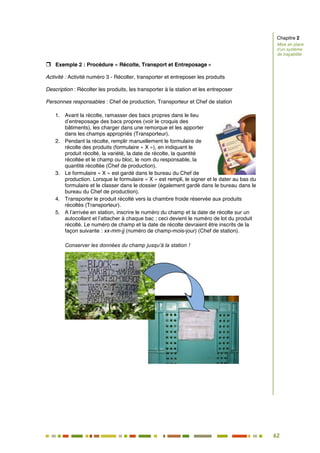 62
56
 Exemple 2 : Procédure « Récolte, Transport et Entreposage »
Activité : Activité numéro 3 - Récolter, transporter et entreposer les produits
Description : Récolter les produits, les transporter à la station et les entreposer
Personnes responsables : Chef de production, Transporteur et Chef de station
1. Avant la récolte, ramasser des bacs propres dans le lieu
d’entreposage des bacs propres (voir le croquis des
bâtiments), les charger dans une remorque et les apporter
dans les champs appropriés (Transporteur).
2. Pendant la récolte, remplir manuellement le formulaire de
récolte des produits (formulaire « X »), en indiquant le
produit récolté, la variété, la date de récolte, la quantité
récoltée et le champ ou bloc, le nom du responsable, la
quantité récoltée (Chef de production).
3. Le formulaire « X » est gardé dans le bureau du Chef de
production. Lorsque le formulaire « X » est rempli, le signer et le dater au bas du
formulaire et le classer dans le dossier (également gardé dans le bureau dans le
bureau du Chef de production).
4. Transporter le produit récolté vers la chambre froide réservée aux produits
récoltés (Transporteur).
5. A l’arrivée en station, inscrire le numéro du champ et la date de récolte sur un
autocollant et l’attacher à chaque bac ; ceci devient le numéro de lot du produit
récolté. Le numéro de champ et la date de récolte devraient être inscrits de la
façon suivante : xx-mm-jj (numéro de champ-mois-jour) (Chef de station).
Conserver les données du champ jusqu’à la station !
Chapitre 2
Mise en place
d’un système
de traçabilité
 