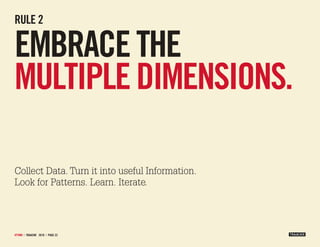 Rule 2

embrace the
multiple dimensions.

Collect Data. Turn it into useful Information.
Look for Patterns. Learn. Iterate...