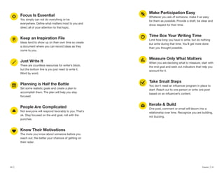30 | Traackr | 31
You simply can not do everything or be
direct all of your attention to that topic.
Keep an Inspiration File
Ideas tend to show up on their own time so create
a document where you can record ideas as they
come to you.
Just Write It
There are countless resources for writer’s block,
but the bottom line is you just need to write it.
Word by word.
Set some realistic goals and create a plan to
accomplish them. The plan will help you stay
focused.
Not everyone will respond favorably to you. That’s
ok. Stay focused on the end goal, roll with the
punches.
The more you know about someone before you
reach out, the better your chances of getting on
their radar.
Whatever you ask of someone, make it as easy
for them as possible. Provide a draft, be clear and
show respect for their time.
Time Box Your Writing Time
Limit how long you have to write, but do nothing
but write during that time. You’ll get more done
than you thought possible.
Measure Only What Matters
When you are deciding what to measure, start with
the end goal and seek out indicators that help you
account for it.
Take Small Steps
start. Reach out to one person or write one post
Iterate & Build
One post, comment or email will bloom into a
relationship over time. Recognize you are building,
not buzzing.
 