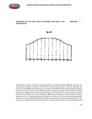 Apostila Pessoal: http://www.youtube.com/user/ThePoluidor
INTERSEÇÃO DE UM CONE COM UM CILINDRO COM EIXOS A
CONTINUAÇÃO
Desenham-se as vistas de planta e elevação. Divide
partes iguais, obtendo os pontos
encontrar o lado CD do cone, marcando aí os pontos
verticais até tocar a linha de centro
centrando o compasso no ponto
linha de centro. Divide-se a semicircunferência
iguais da anterior e traçam-se paralelas de modo que cruzem com os arcos traçados anteriormente,
marcando os pontos 8-9-10-11
cruzem com as paralelas do cilindro na fig. 202 e o encontro das verticais com as horizontais forma
Apostila Pessoal: http://www.youtube.com/user/ThePoluidor
INTERSEÇÃO DE UM CONE COM UM CILINDRO COM EIXOS A 90º PROCESSO 1
se as vistas de planta e elevação. Divide-se a semicircunferência AB
partes iguais, obtendo os pontos 1-2-3-4-5-6-7. Partindo destes pontos traçam
do cone, marcando aí os pontos 1-2-3-4-5-6-7, destes pontos traçam
verticais até tocar a linha de centro EF da fig. 201, marcando os pontos 1’-2’-
centrando o compasso no ponto S, e partindo destes pontos traçam-se arcos de modo que cruzem a
se a semicircunferência GH da vista de planta no mesmo número de partes
se paralelas de modo que cruzem com os arcos traçados anteriormente,
11-12-13. Partindo destes pontos, levantam-se perpendiculares que
cruzem com as paralelas do cilindro na fig. 202 e o encontro das verticais com as horizontais forma
Apostila Pessoal: http://www.youtube.com/user/ThePoluidor
130
90º PROCESSO 1 -
AB (fig. 202), em sete
. Partindo destes pontos traçam-se paralelas até
, destes pontos traçam-se linhas
-3’-4’-5’-6’-7’. Então,
de modo que cruzem a
da vista de planta no mesmo número de partes
se paralelas de modo que cruzem com os arcos traçados anteriormente,
se perpendiculares que
cruzem com as paralelas do cilindro na fig. 202 e o encontro das verticais com as horizontais forma
 
