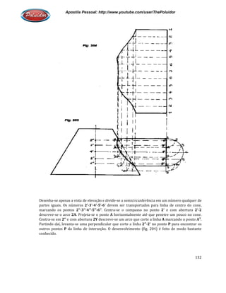 Apostila Pessoal: http://www.youtube.com/user/ThePoluidor
Desenha-se apenas a vista de elevação e divide
partes iguais. Os números 2’-
marcando os pontos 2’’-3’’-4’’
descreve-se o arco 2A. Projeta
Centra-se em 2’’ e com abertura
Partindo daí, levanta-se uma perpendicular que corte a linha
outros pontos P da linha de interseção. O desenvolvimento (fig. 204) é feito
conhecido.
Apostila Pessoal: http://www.youtube.com/user/ThePoluidor
se apenas a vista de elevação e divide-se a semicircunferência em um número qualquer de
-3’-4’-5’-6’ devem ser transportados para linha de centro do cone,
4’’-5’’-6’’. Centra-se o compasso no ponto 2’ e com abertura
. Projeta-se o ponto A horizontalmente até que penetre um pouco no cone.
e com abertura 2Y descreve-se um arco que corte a linha A marcando o ponto
se uma perpendicular que corte a linha 2’’-2’ no ponto P
da linha de interseção. O desenvolvimento (fig. 204) é feito
Apostila Pessoal: http://www.youtube.com/user/ThePoluidor
132
se a semicircunferência em um número qualquer de
devem ser transportados para linha de centro do cone,
e com abertura 2’-2
horizontalmente até que penetre um pouco no cone.
marcando o ponto A¹.
P para encontrar os
da linha de interseção. O desenvolvimento (fig. 204) é feito de modo bastante
 