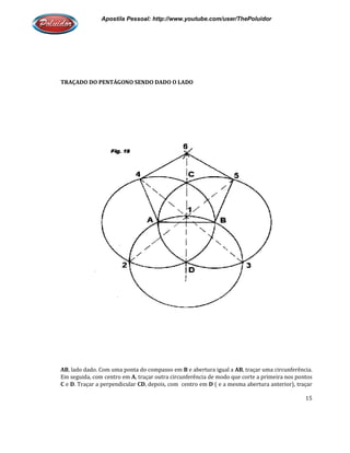 Apostila Pessoal: http://www.youtube.com/user/ThePoluidor
TRAÇADO DO PENTÁGONO SENDO DADO O LADO
AB, lado dado. Com uma ponta do compasso em
Em seguida, com centro em A, traçar outra circunferência de modo que corte a primeira nos pontos
C e D. Traçar a perpendicular CD
Apostila Pessoal: http://www.youtube.com/user/ThePoluidor
TRAÇADO DO PENTÁGONO SENDO DADO O LADO
, lado dado. Com uma ponta do compasso em B e abertura igual a AB, traçar uma circunferência.
, traçar outra circunferência de modo que corte a primeira nos pontos
CD, depois, com centro em D ( e a mesma abertura anterior), traçar
Apostila Pessoal: http://www.youtube.com/user/ThePoluidor
15
, traçar uma circunferência.
, traçar outra circunferência de modo que corte a primeira nos pontos
( e a mesma abertura anterior), traçar
 