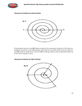 Apostila Pessoal: http://www.youtube.com/user/ThePoluidor
TRAÇADO DA ESPIRIAL DE DOIS CENTROS
Primeiramente traça-se o eixo
compasso no ponto 1 e com abertura igual a
arco CD. Centra-se em D e faz-
1 e 2 e vão se traçando os arcos.
TRAÇADO DA ESPIRAL DE TRÊS CENTROS
Apostila Pessoal: http://www.youtube.com/user/ThePoluidor
TRAÇADO DA ESPIRIAL DE DOIS CENTROS
se o eixo AB. Depois no meio do eixo, marcam-se os pontos
e com abertura igual a 1-2, traça-se o arco 2-C. Centra-se em
-se outro arco DE. E assim por diante, centra-se alternativamente em
e vão se traçando os arcos.
TRAÇADO DA ESPIRAL DE TRÊS CENTROS
Apostila Pessoal: http://www.youtube.com/user/ThePoluidor
24
se os pontos 1 e 2. Centra-se o
se em 2 e traça-se o
se alternativamente em
 